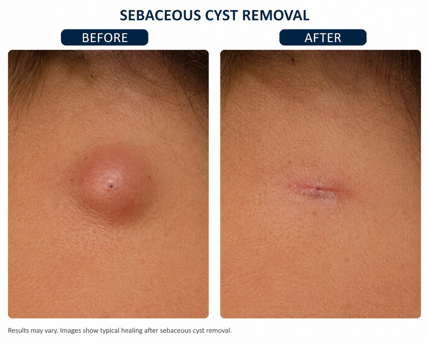 Illustration showing a sebaceous cyst before treatment and the same area after removal showing a small healing scar