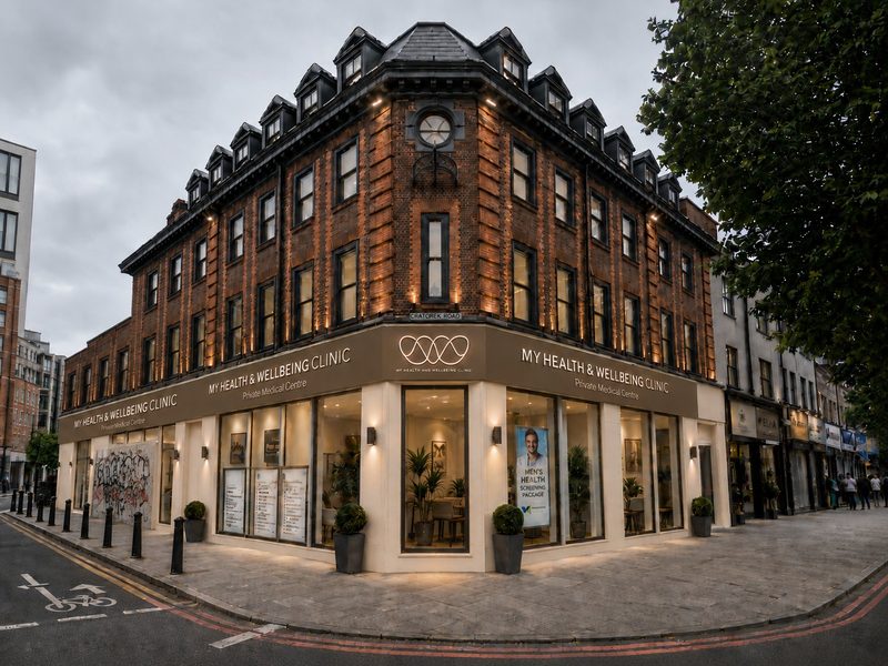 My Health & Wellbeing Clinic frontage on Whitechapel Road — Victorian brick building with warm lighting at dusk