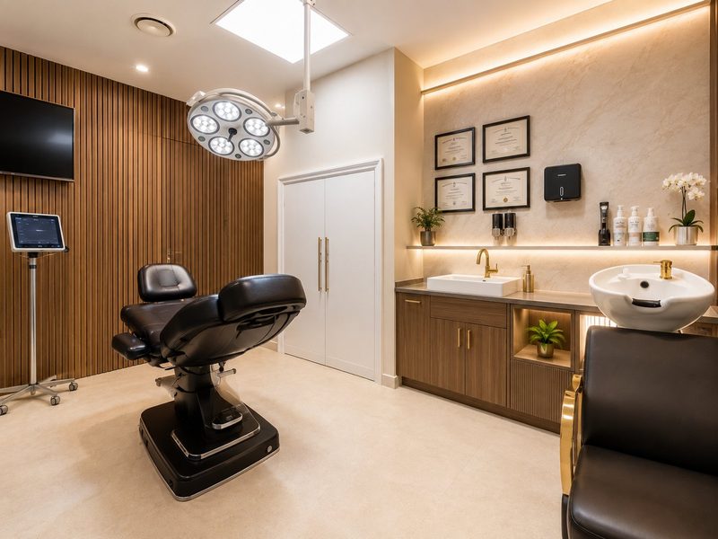 Procedure room at MHW Clinic Whitechapel — treatment chair under surgical LED light