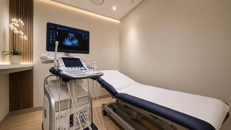 Ultrasound suite at MHW Clinic Whitechapel — GE diagnostic ultrasound machine and patient examination couch