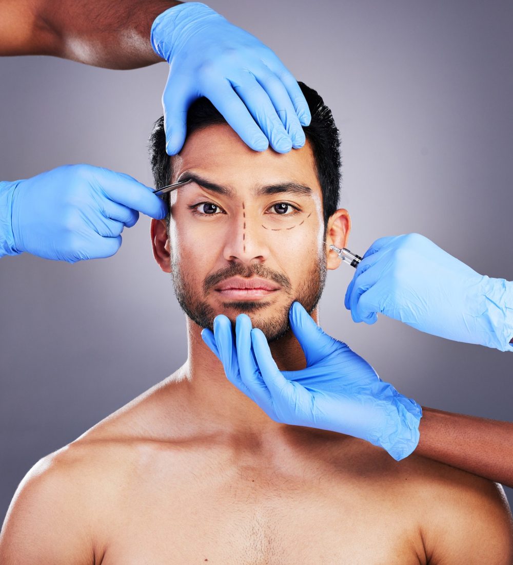 Plastic surgery, hands and drawing with filler portrait of man and surgeon for needle and syringe p.